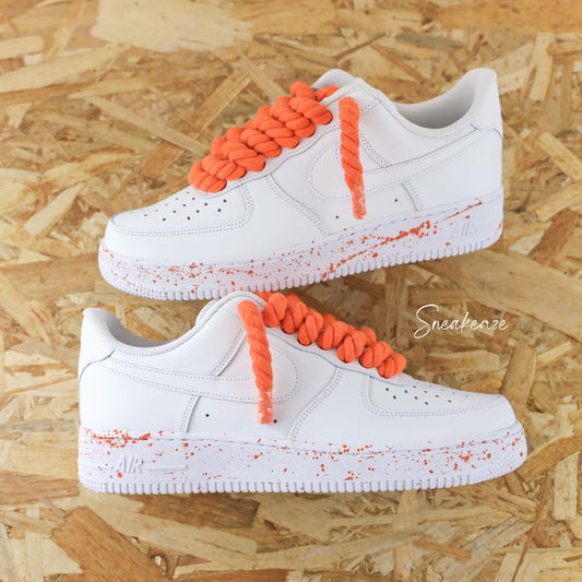 baskets nike air force 1 custom rope laces splash - lacets corde orange chaussures personnalisées pour homme et femme sneakeaze gros lacets skz custom