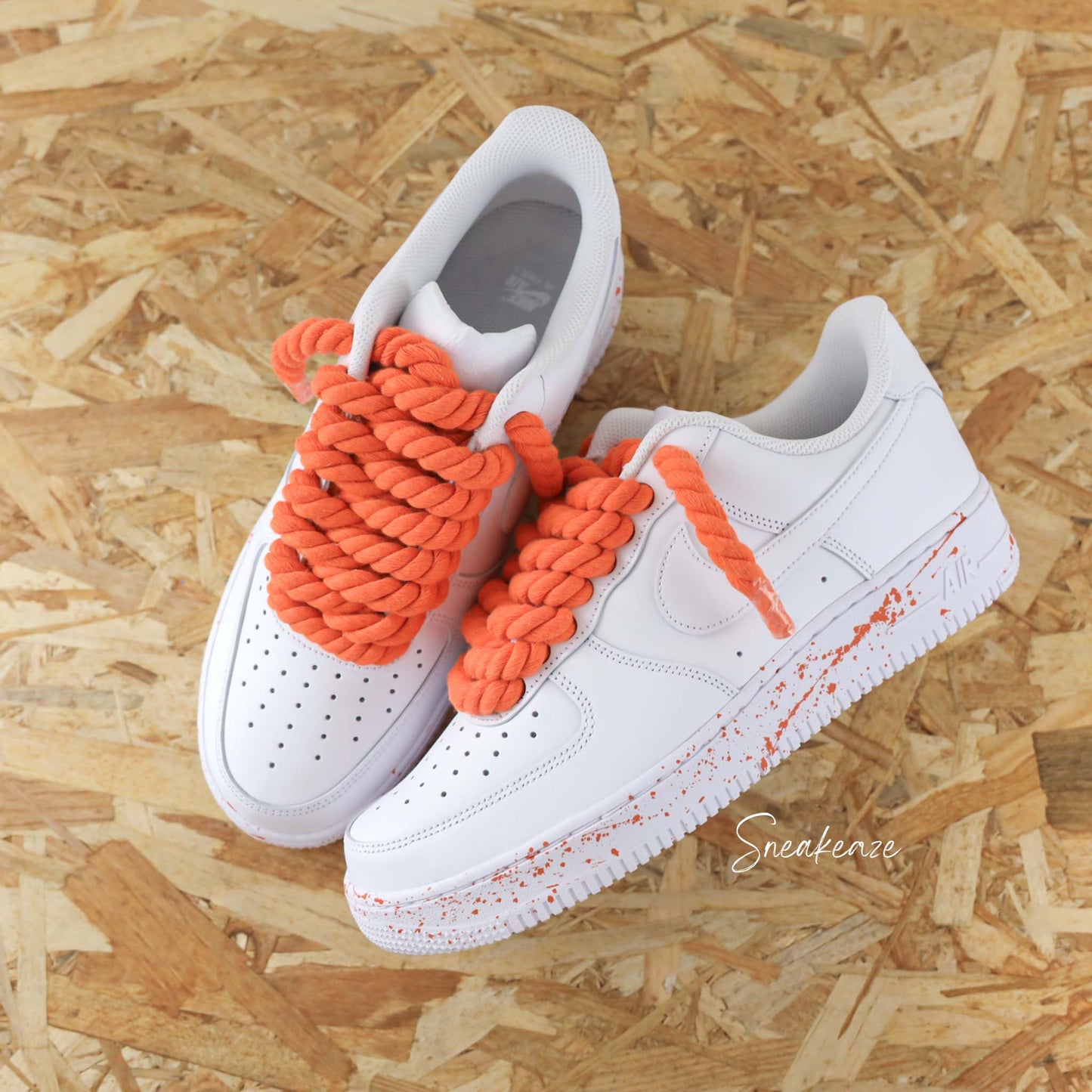 baskets nike air force 1 custom rope laces splash - lacets corde orange chaussures personnalisées pour homme et femme sneakeaze gros lacets skz custom