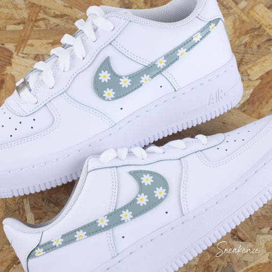 nike Air Force 1 custom flower daisy marguerites vert de gris et autres couleurs Baskets AF1 personnalisées à la main unisexe