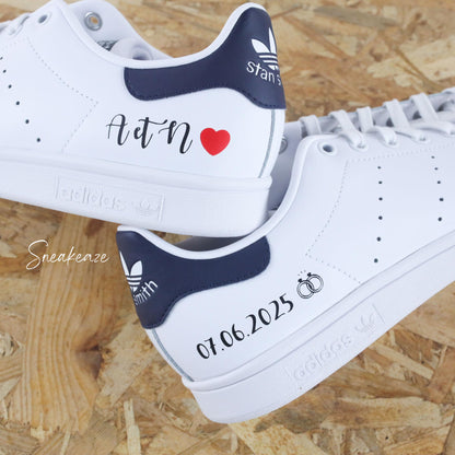 baskets Adidas stan smith custom mariage - wedding day personnalisation prénoms des futurs mariés et initiales sur le thème de l'amour - sneakeaze customs skz