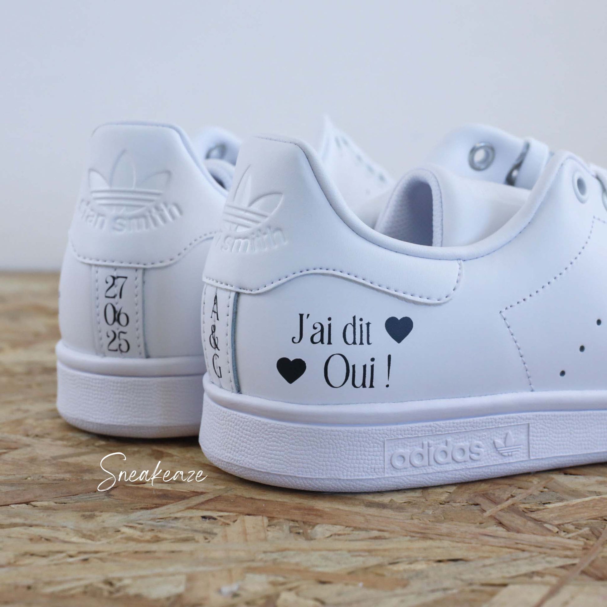 baskets Adidas stan smith mariage personnalisées - wedding day personnalisation prénoms des futurs mariés et initiales sur le thème de l'amour - sneakeaze customs skz