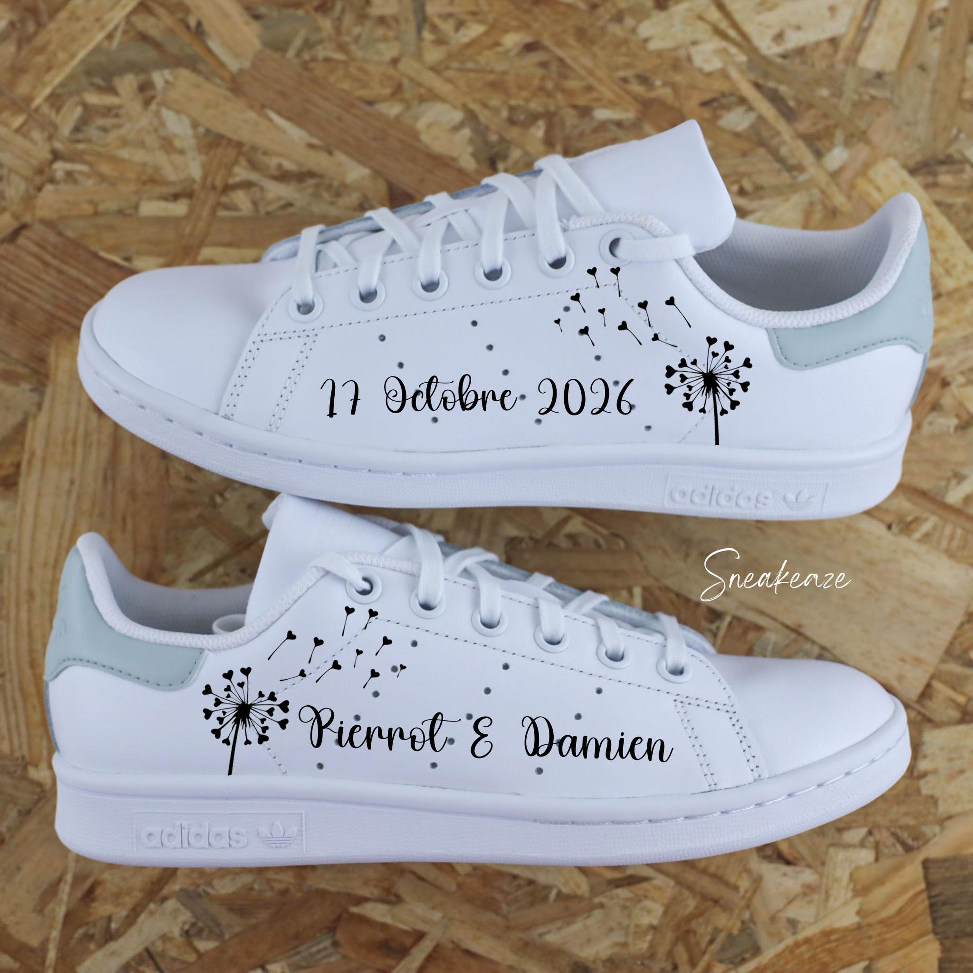 Stan Smith custom mariage - personnalisation date et prénoms des mariés dessin de pissenlit style bohème chic  SNEAKEAZE CUSTOMS