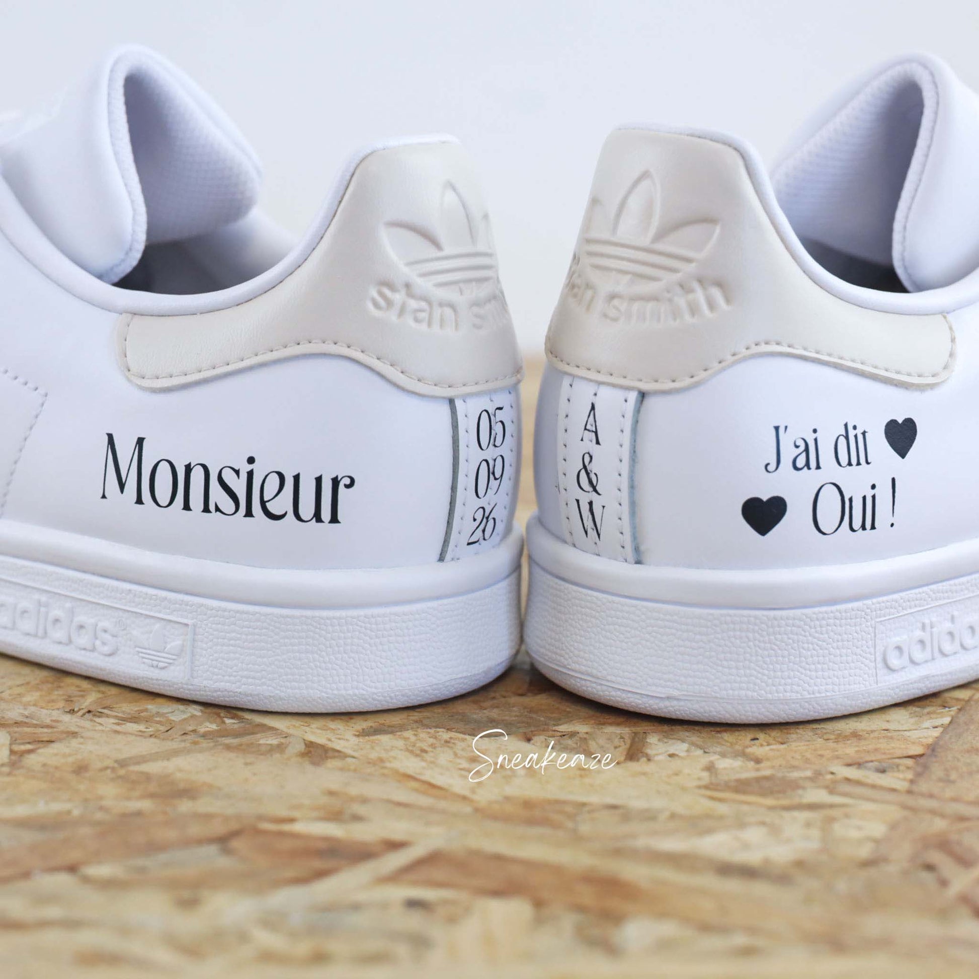 baskets Adidas stan smith mariage personnalisées - wedding day personnalisation prénoms des futurs mariés et initiales sur le thème de l'amour - sneakeaze customs skz