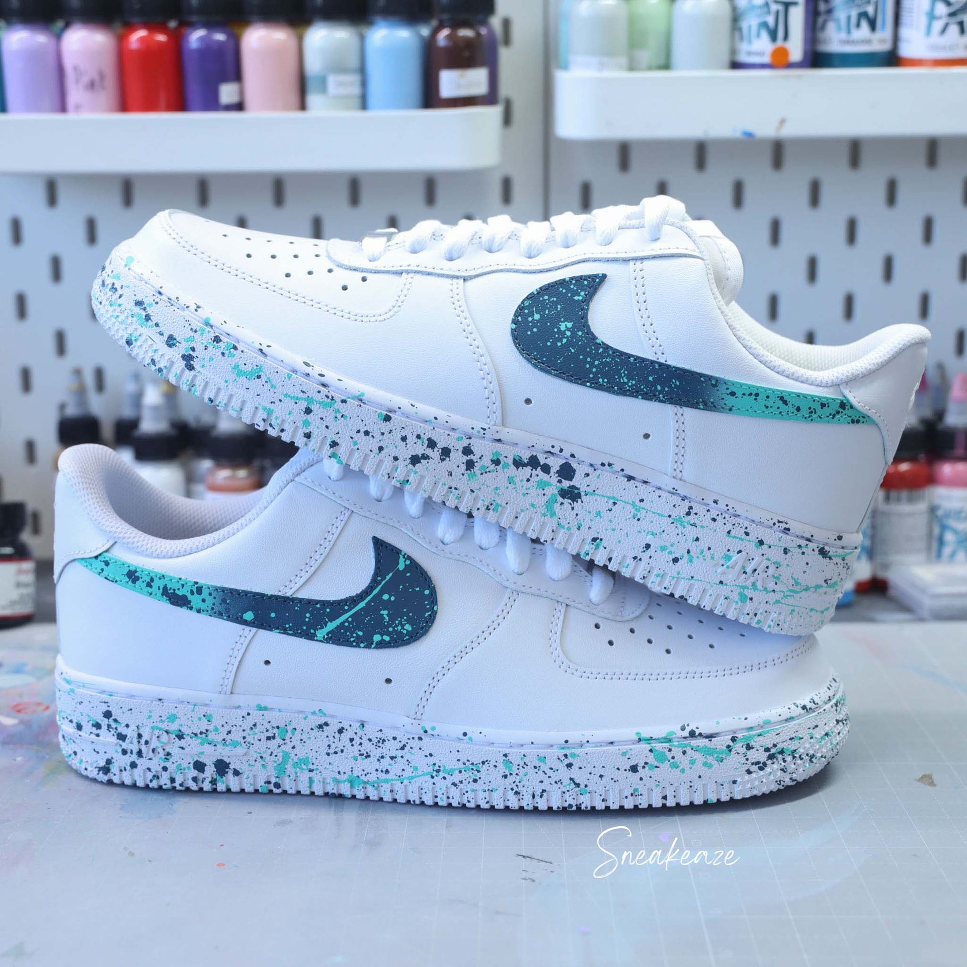 baskets nike air force 1 custom splash bleu turquoise sneakers af1 sneakeaze