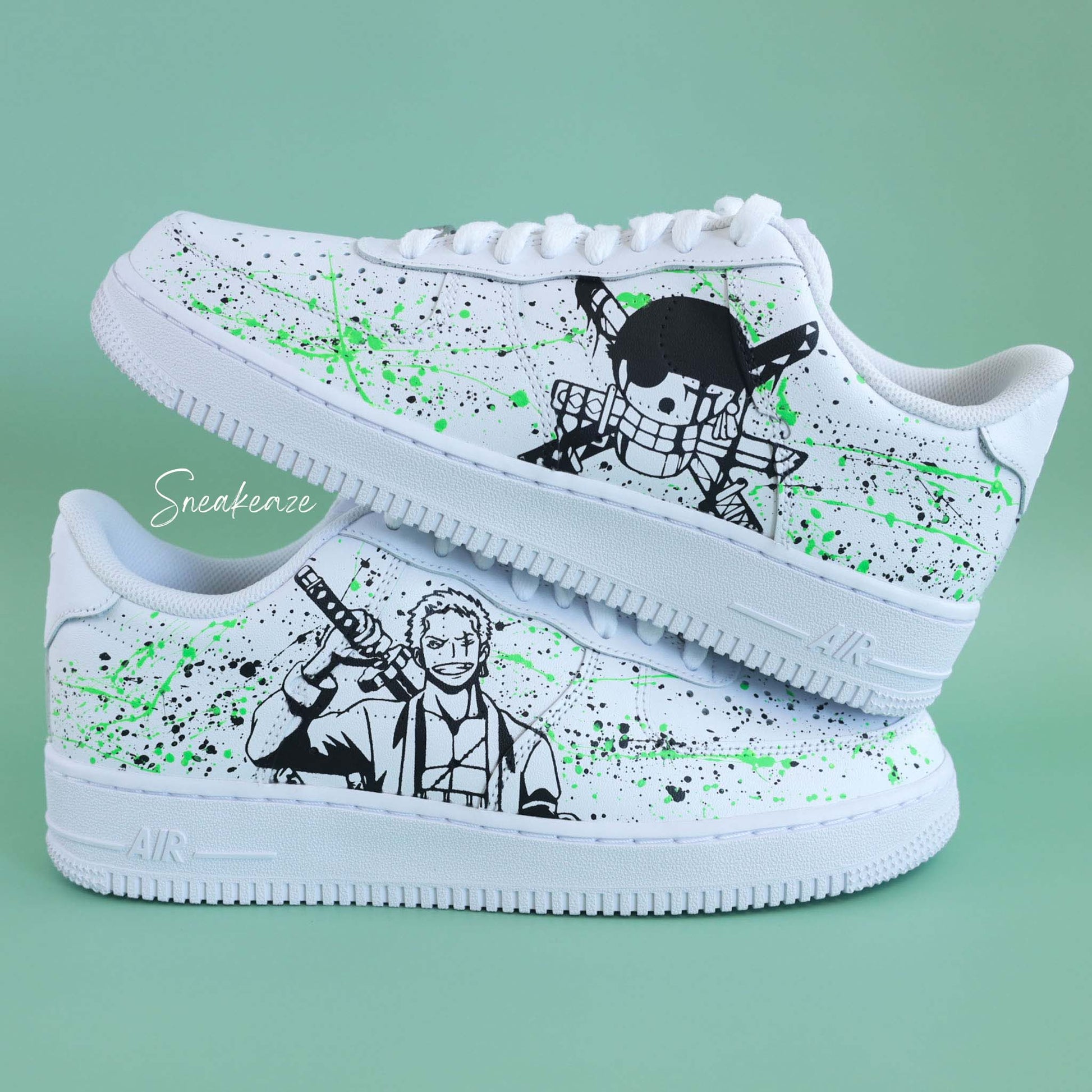 nike air force 1 custom manga animé one piece Roronoa Zoro sneakers af1 personnalisé customisé naruto dbz sasuke sneakeaze custom baskets personnalisées