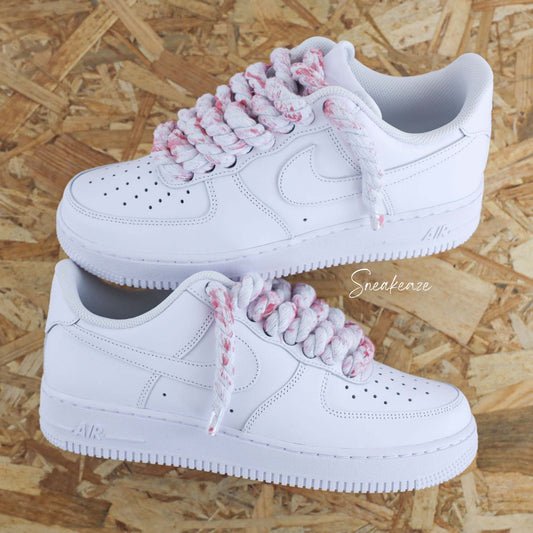Baskets nike Air Force 1 custom rope laces - gros lacets corde splash rose sneakeaze customs