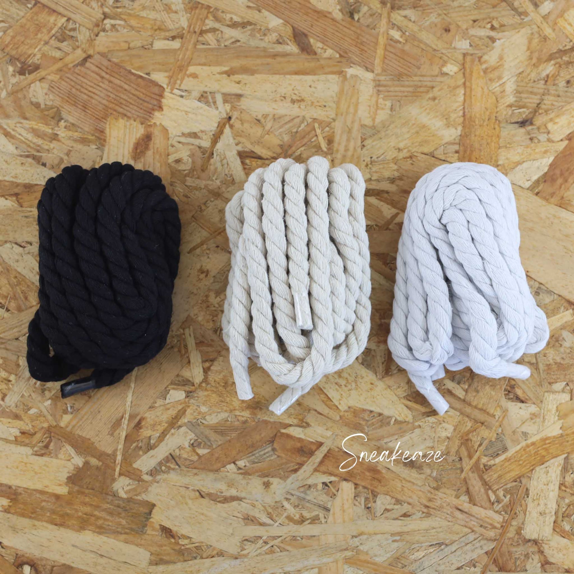 Lot de 3 paires de gros lacets corde couleur classique - couleur : blanc, noir et beige. Accessoires pour modèle Rope Laces air force 1 custom ou adidas custom sneakeaze custom