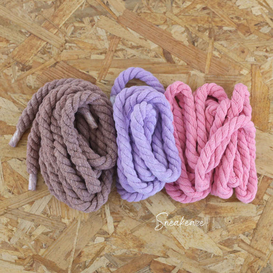 paire de gros lacets corde couleur pastel - couleur : marron praliné, lila et rose clair. Accessoires pour modèle Rope Laces air force 1 custom ou adidas custom sneakeaze custom