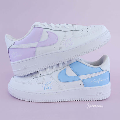 Baskets nike Air force 1 customs pastel reverse couleur bleu clair pastel inscription des prénoms et de la date du mariage sneakeaze skz custom
