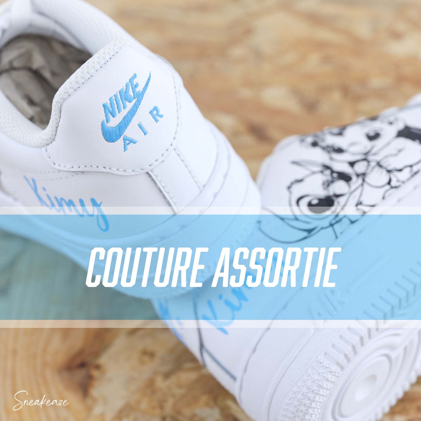 Baskets Nike Air force 1 custom - stitch et splash couleur bleu ciel pastel personnalisation du prénom sneakeaze custom