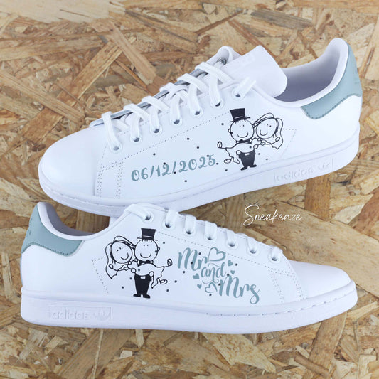 Baskets Adidas Stan smith custom - modèle mariage inscription de la date et de "mr and mrs"  vert de gris sneakeaze customs skz wedding