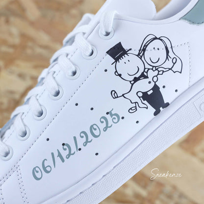 Baskets Adidas Stan smith custom - modèle mariage inscription de la date et de "mr and mrs"  vert de gris sneakeaze customs skz wedding