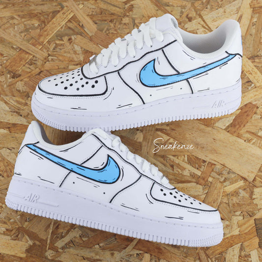 baskets nike air force 1 custom color classic sketch - sneakers personnalisée style cartoon leu et noir - sneakeaze customs