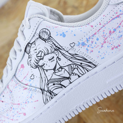 Baskets Nike Air force 1 custom - Sailor Moon et splash de peinture bleu et rose clair sneakeaze custom