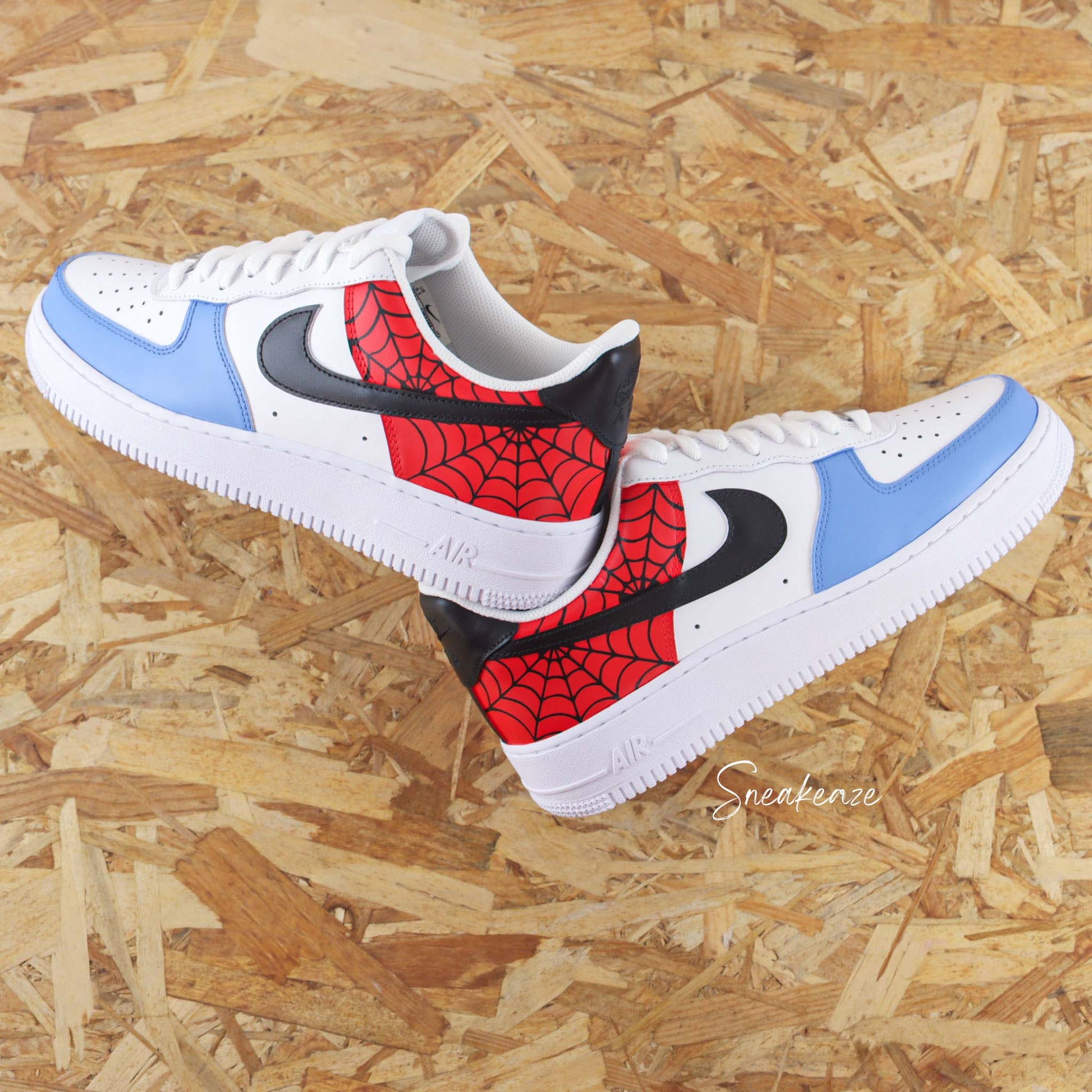 nike Air force 1 custom spider - Baskets personnalisées rouge et bleu thème l'homme araignée unisexe