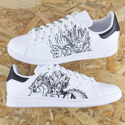baskets adidas stan smith custom dragonballZ dbz son goku et son gohan dessin peint à la main sneakers pour homme et femme sneakeaze custom skz