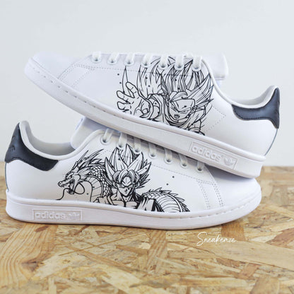 baskets adidas stan smith custom dragonballZ dbz son goku et son gohan dessin peint à la main sneakers pour homme et femme sneakeaze custom skz