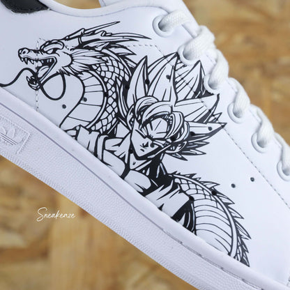 baskets adidas stan smith custom dragonballZ dbz son goku et son gohan dessin peint à la main sneakers pour homme et femme sneakeaze custom skz