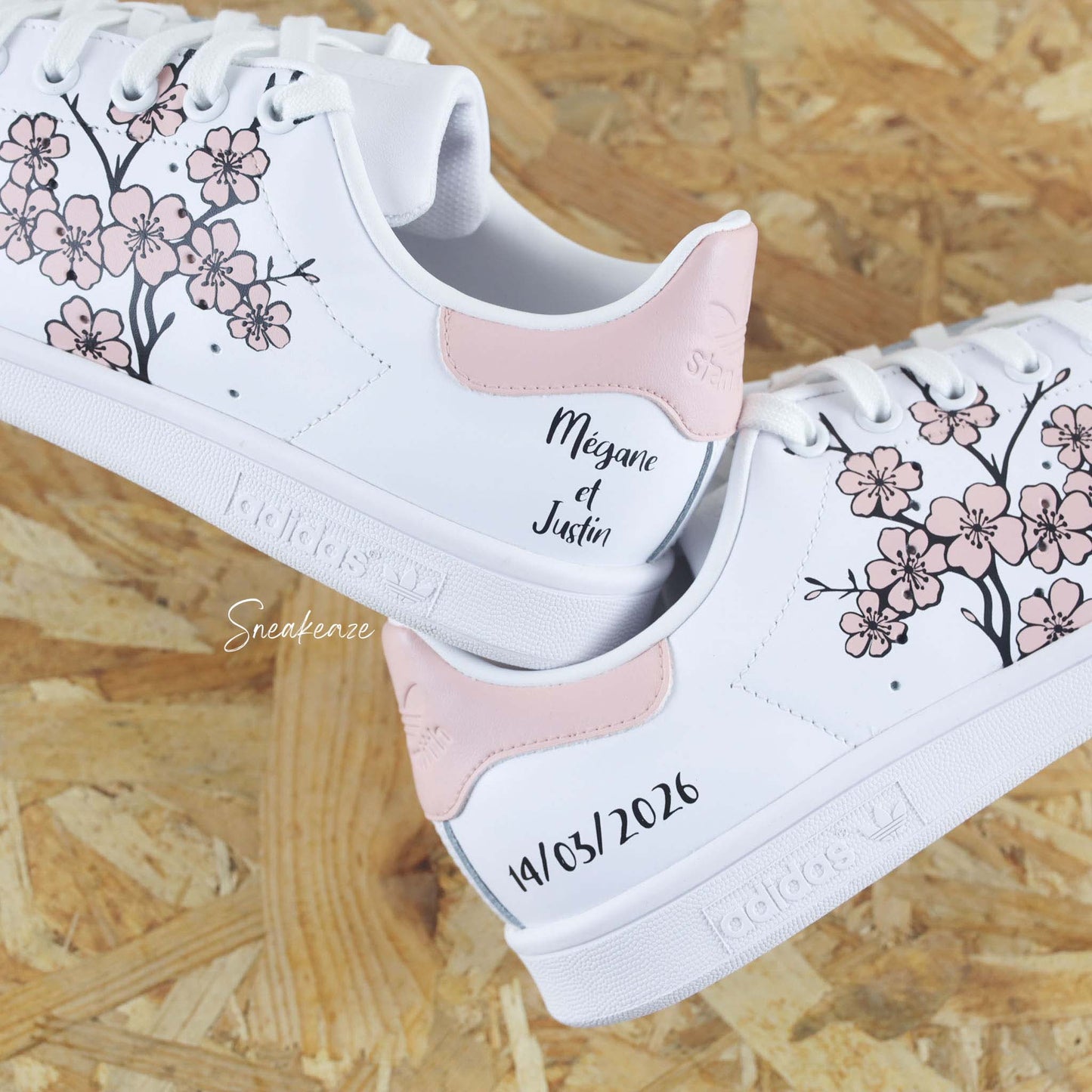 baskets Adidas stan smith custom mariage sakura cherry blossom talon rose clair - inscription date du mariage et prénoms
