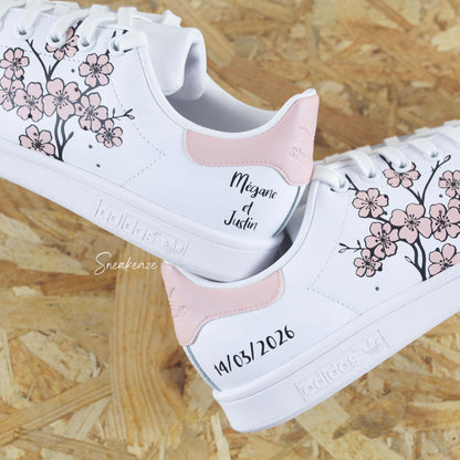 baskets Adidas stan smith custom mariage sakura cherry blossom talon rose clair - inscription date du mariage et prénoms