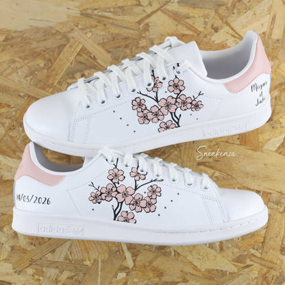 baskets Adidas stan smith custom mariage sakura cherry blossom talon rose clair - inscription date du mariage et prénoms