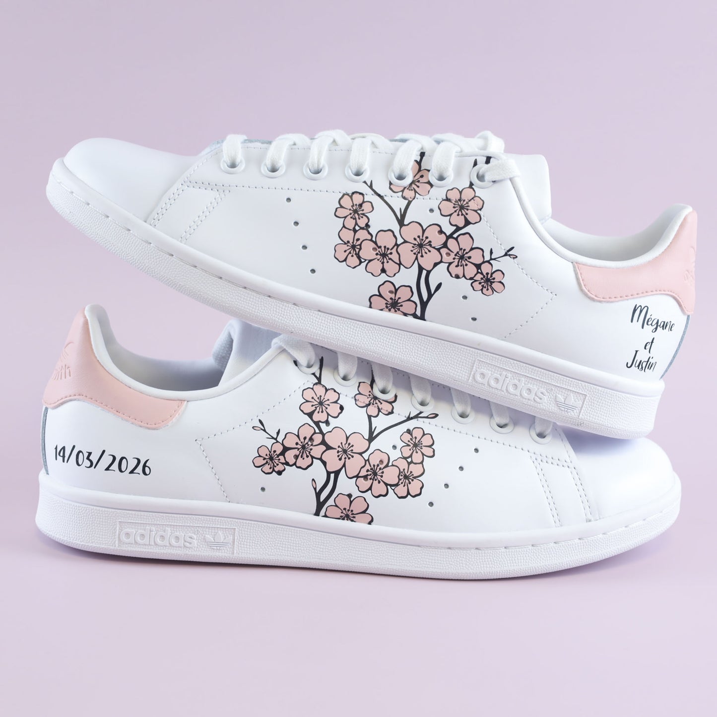 baskets Adidas stan smith custom mariage sakura cherry blossom talon rose clair - inscription date du mariage et prénoms