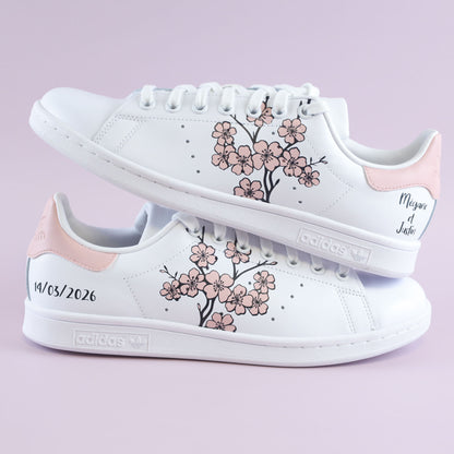 baskets Adidas stan smith custom mariage sakura cherry blossom talon rose clair - inscription date du mariage et prénoms