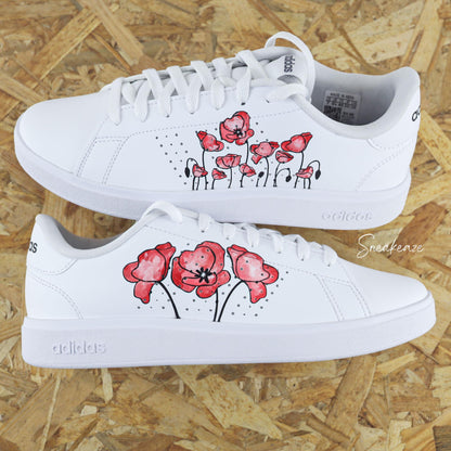 Baskets customisées adidas stan smith custom coquelicot rouge peinture aquarelle poppy watercolor sneakeaze customs skz