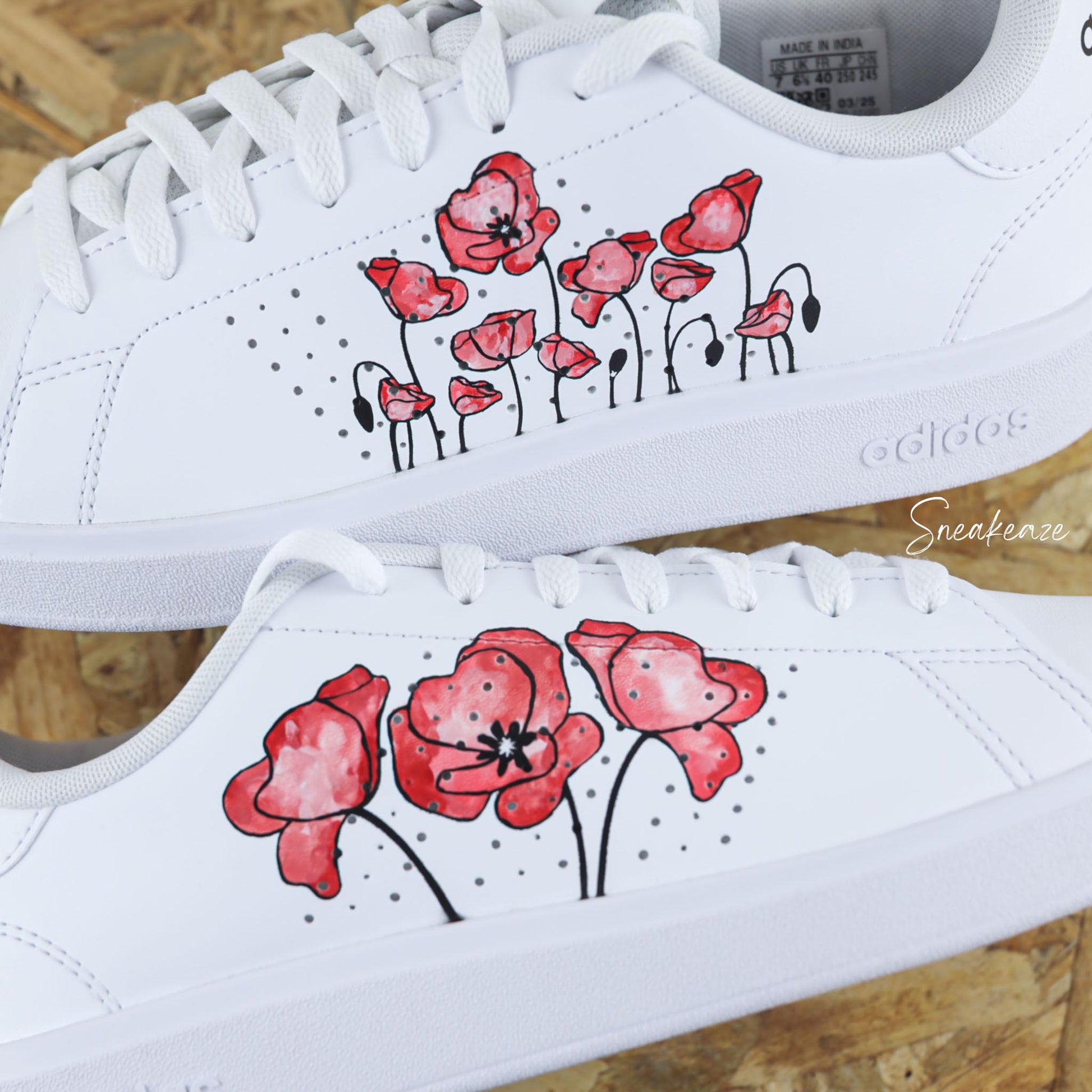 Baskets customisées adidas stan smith custom coquelicot rouge peinture aquarelle poppy watercolor sneakeaze customs skz