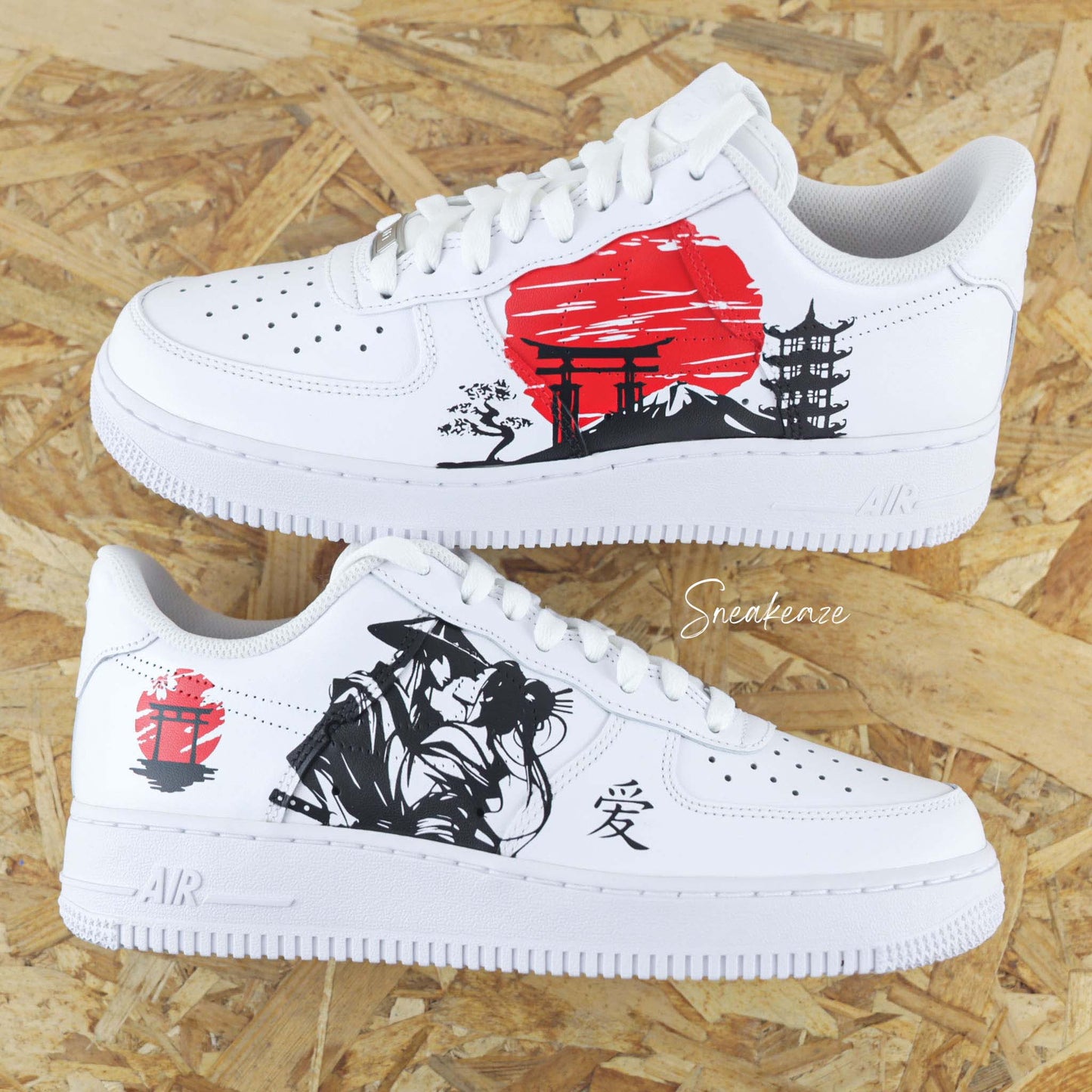 Air Force 1 custom blanche design japonais samouraï torii soleil rouge sneakeaze customs