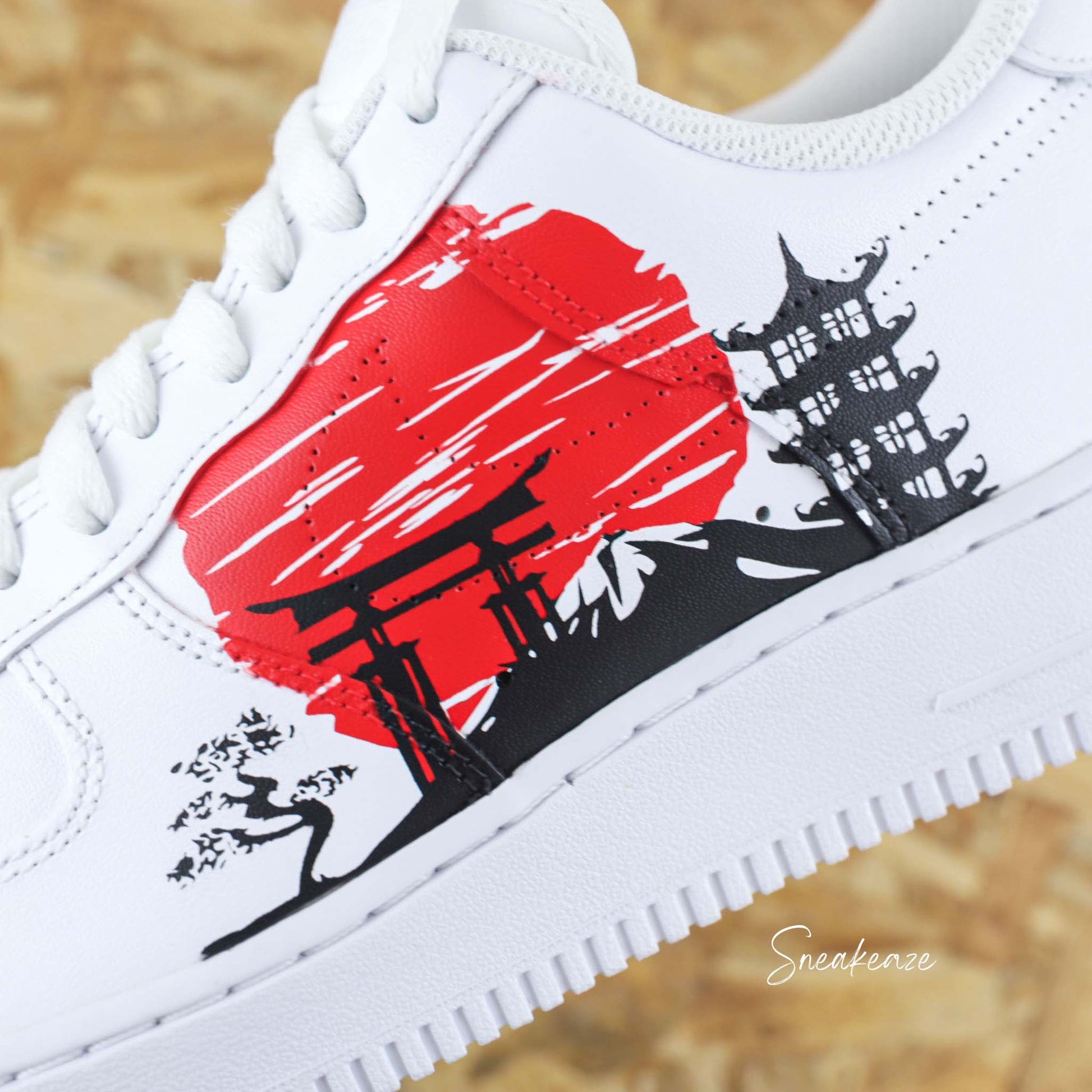Air Force 1 custom blanche design japonais samouraï torii soleil rouge sneakeaze customs