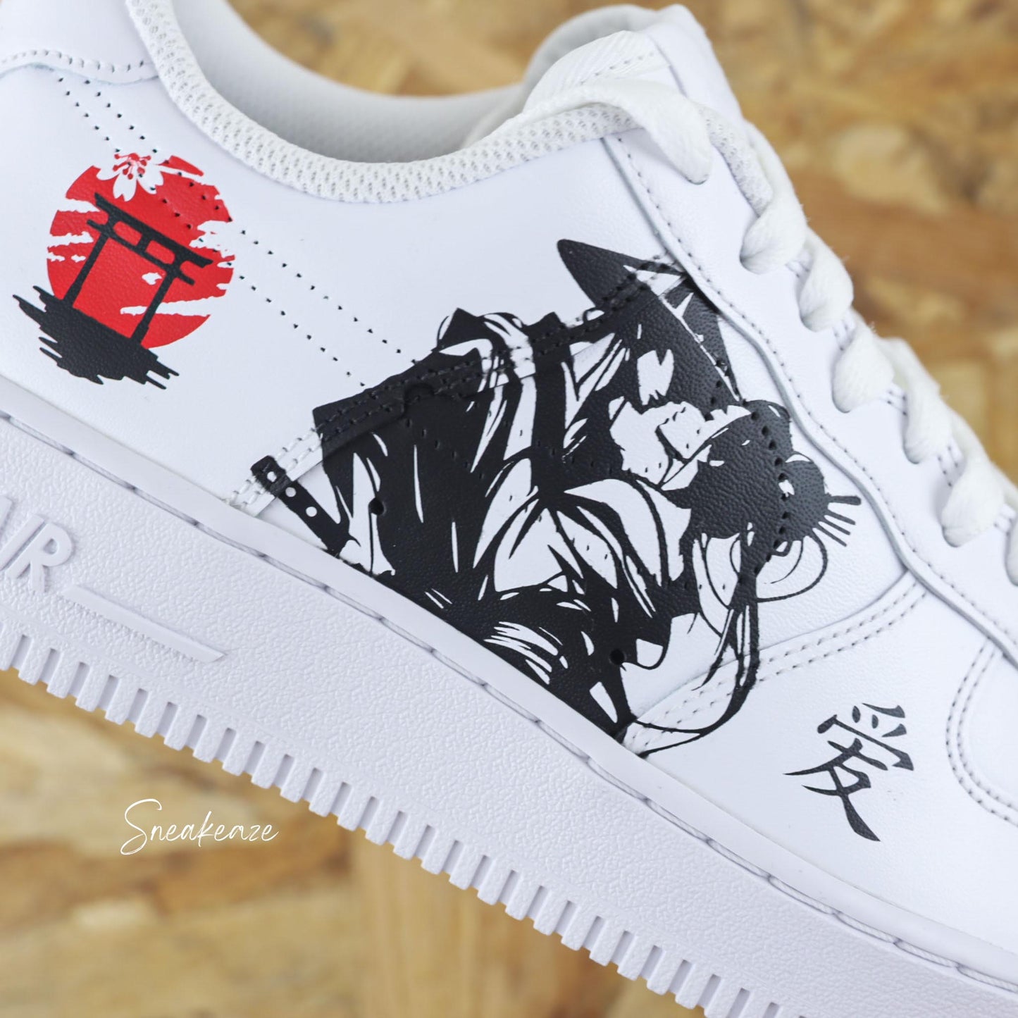 Air Force 1 custom blanche design japonais samouraï torii soleil rouge sneakeaze customs