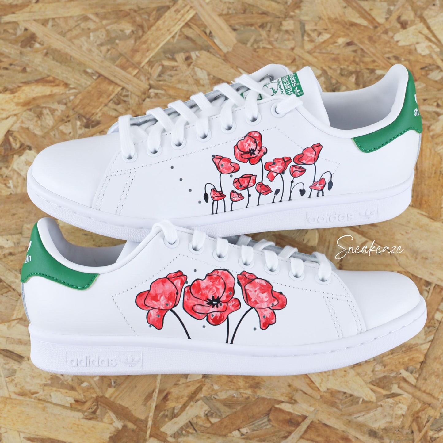 Baskets customisées adidas stan smith custom coquelicot rouge peinture aquarelle poppy watercolor sneakeaze customs skz
