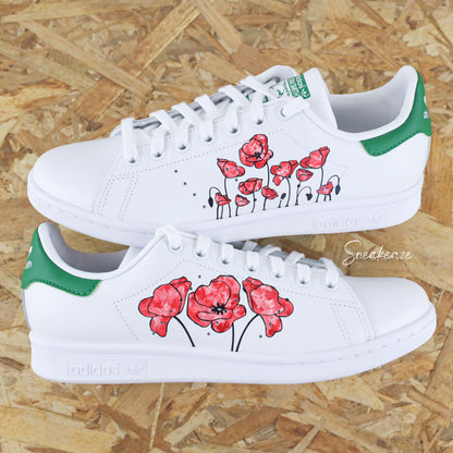 Baskets customisées adidas stan smith custom coquelicot rouge peinture aquarelle poppy watercolor sneakeaze customs skz