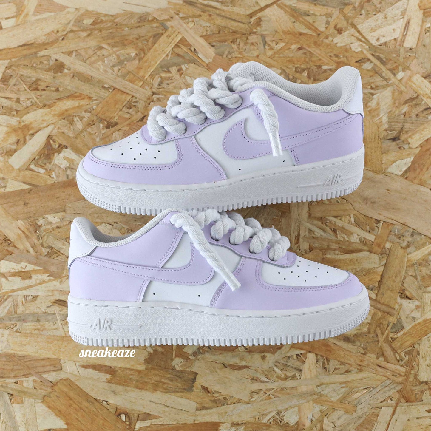 baskets nike air force 1 custom rope laces - lacets corde beig et lila pastele sneakeaze skz custom