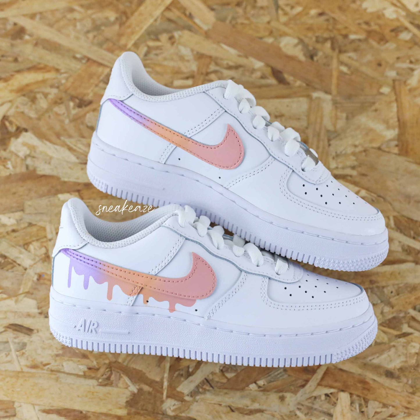 nike air force 1 custom swoosh drip dégradé pastel sneakers rose et lila pour femme et enfant AF1 personnalisé basket peint à la main 