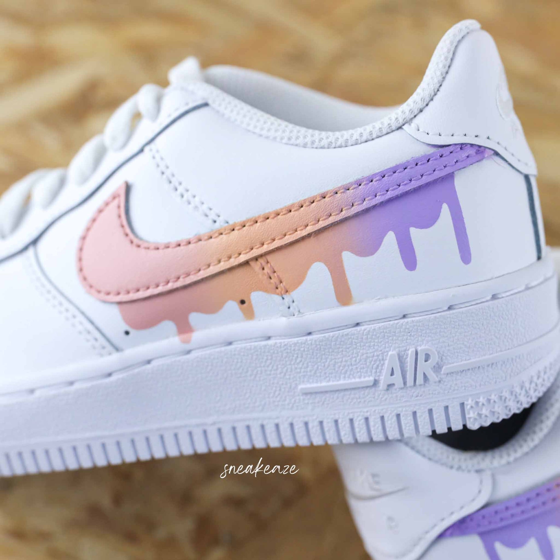 nike air force 1 custom swoosh drip dégradé pastel sneakers rose et lila pour femme et enfant AF1 personnalisé basket peint à la main 