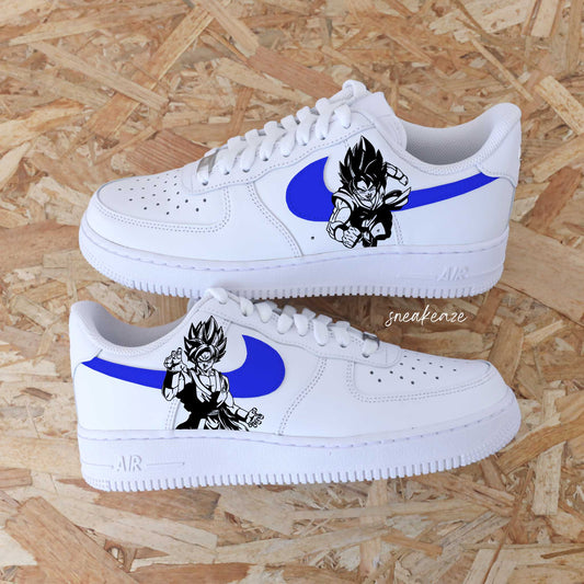 baskets nike air force 1 personnalisées - sneakers goku dbz dragon ball Z custom couleur bleu  sneakeaze customs skz