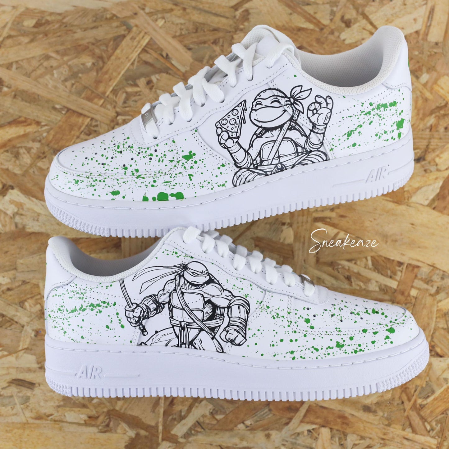 Baskets Nike Air force 1 custom - Tortue Ninja. Dessin tortue ninja avec splash vert sneakers personnalisées sneakeaze customs