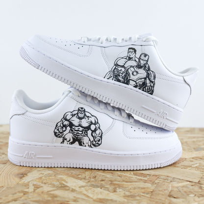 Baskets Nike Air force 1 custom dessin peint Hulk et Ironman des avengers 