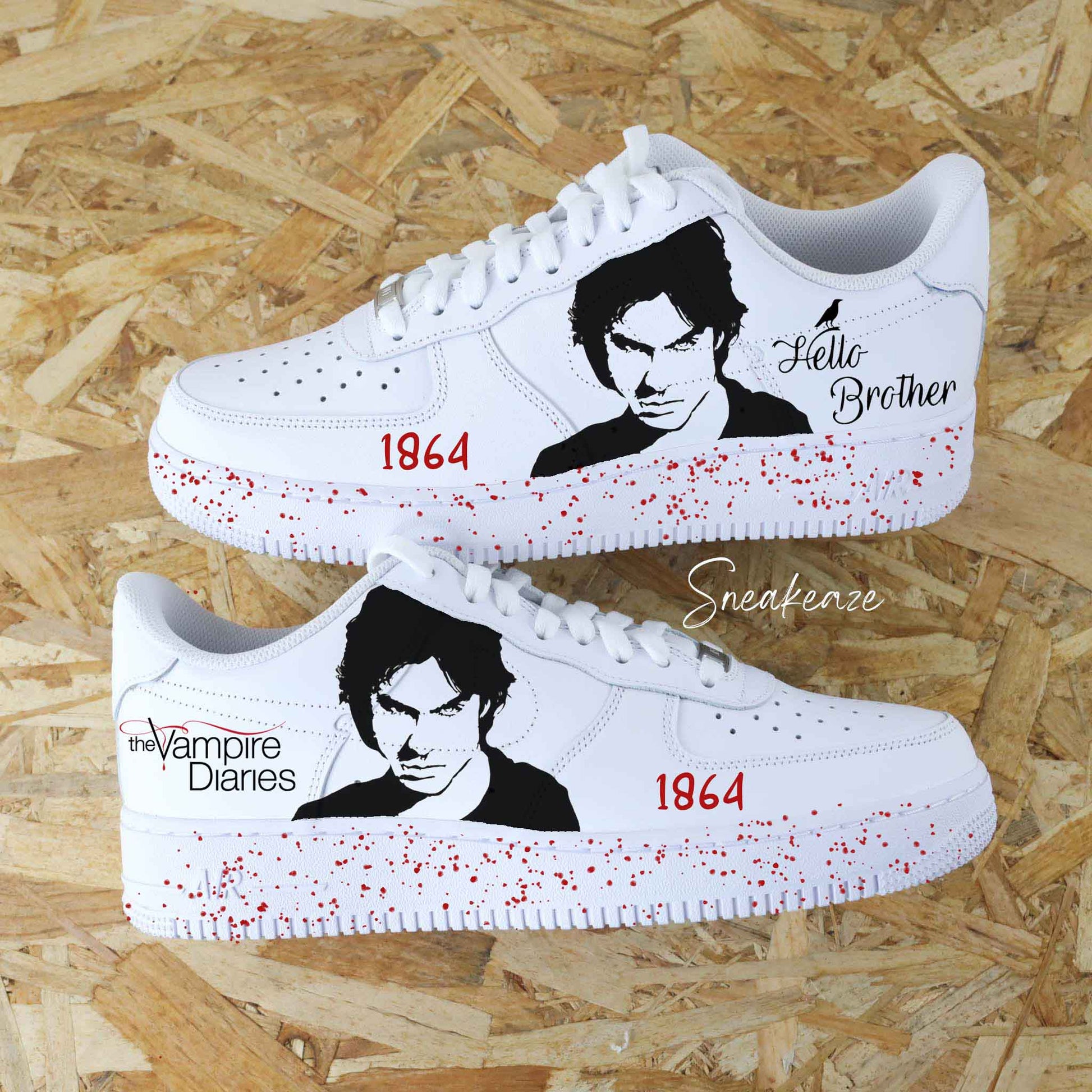 Baskets Nike Air force 1 custom - the vampire diaries Team Damon. Dessins Damon salvatore hello brother vampire delena