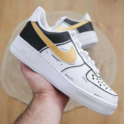 nike air force 1 custom cartoon gold sneakers personnalisées femme baskets custom doré af1 sketch dessin