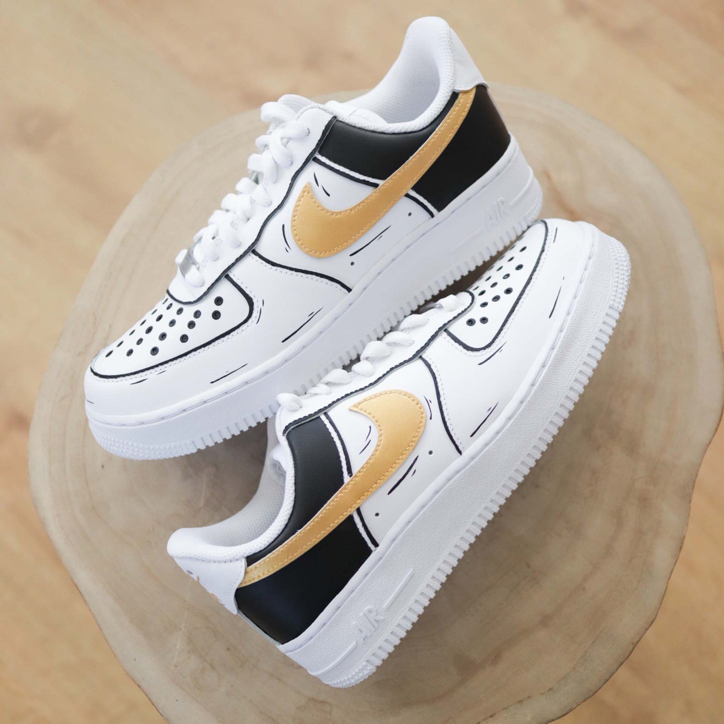 nike air force 1 custom cartoon gold sneakers personnalisées femme baskets custom doré af1 sketch dessin