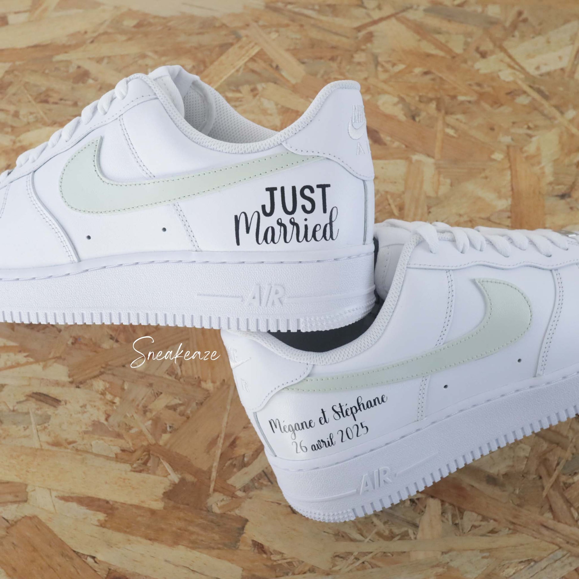 Air Force 1 personnalisées mariage - Nike custom "just married" inscription des prénoms des mariés et de la date du jour J