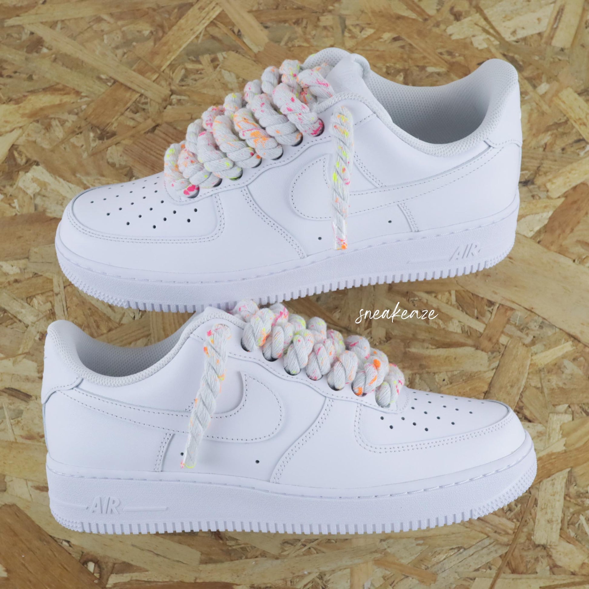 sneakers air force 1 custom rope laces chaussures à gros lacets corde couleurs neon fluos splash lacet sneakeaze