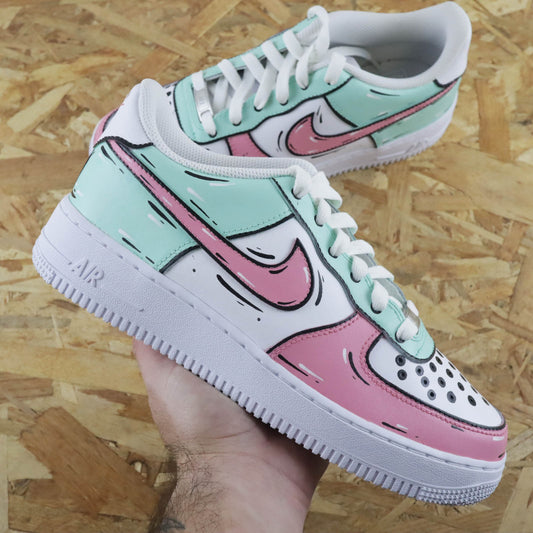 nike air force 1 custom cartoon pastel sneakers custom pas cher baskets personnalisé rose pour femme af1 en soldes promo nike vert pastel 