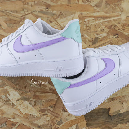 nike air force 1 custom swoosh mint pastel green and lilac sneakers femme enfant AF1 personnalisé basket peint à la main 