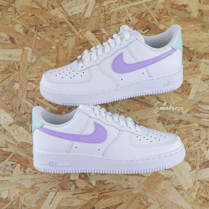 nike air force 1 custom swoosh mint pastel green and lilac sneakers femme enfant AF1 personnalisé basket peint à la main 