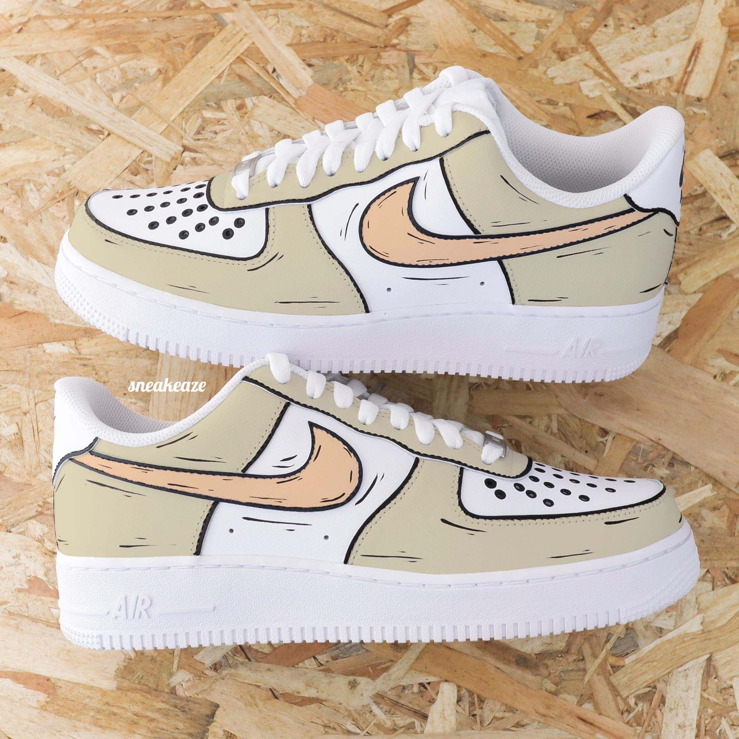 Nike air force 1 custom cartoon sketch - sneakers personnalisées à la main style bande dessinée BD couleur beige et orange pastel chaussures fille et garçon sneakeaze custom