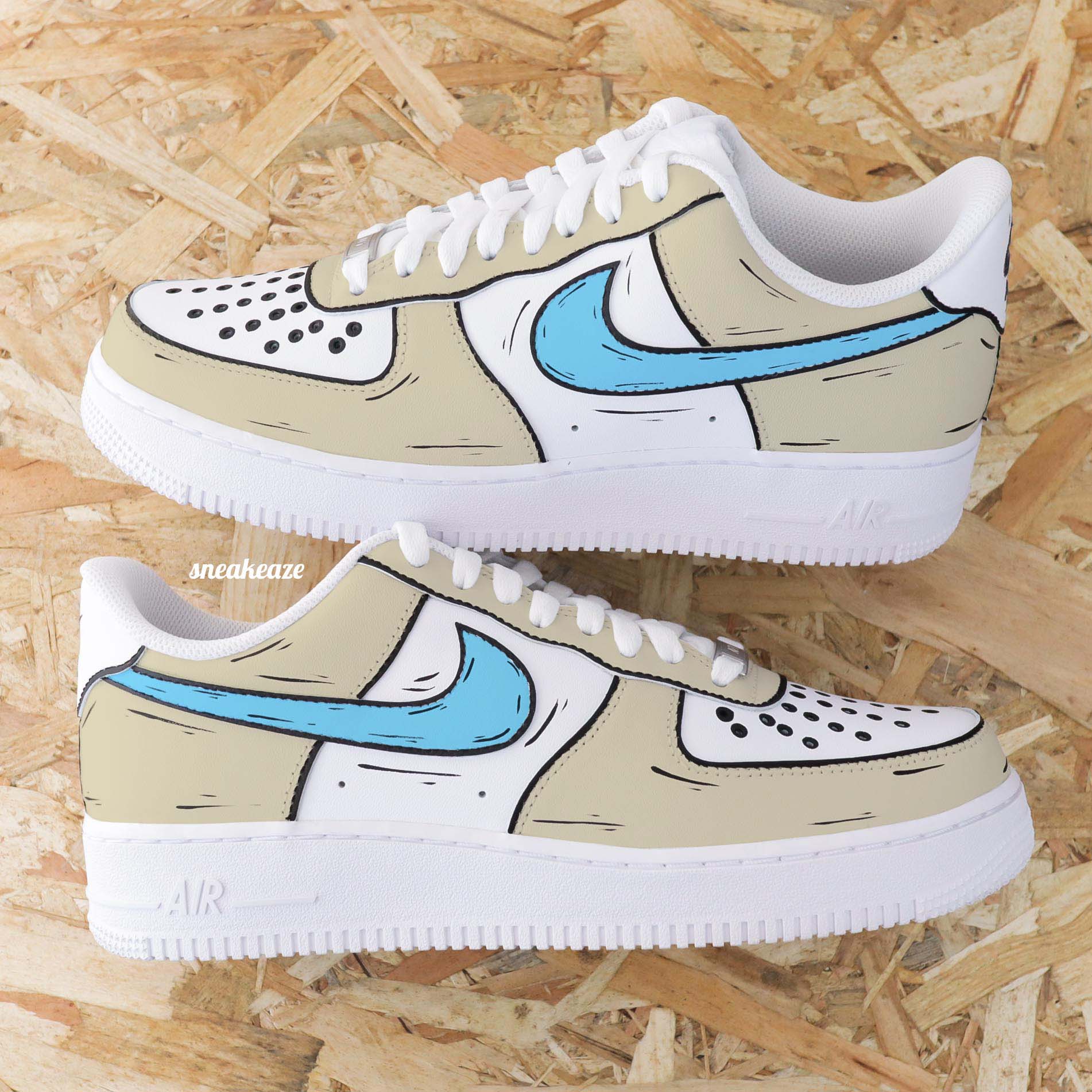 Nike air force 1 custom cartoon sketch - sneakers personnalisées à la main style bande dessinée BD couleur beige et bleu turquoise chaussures fille et garçon sneakeaze custom